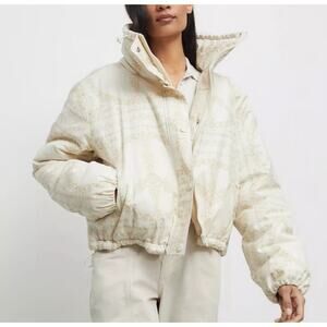 197 Urban Outfitters BDG Isla Cream Linen Baroque Print Puffer Jacket M